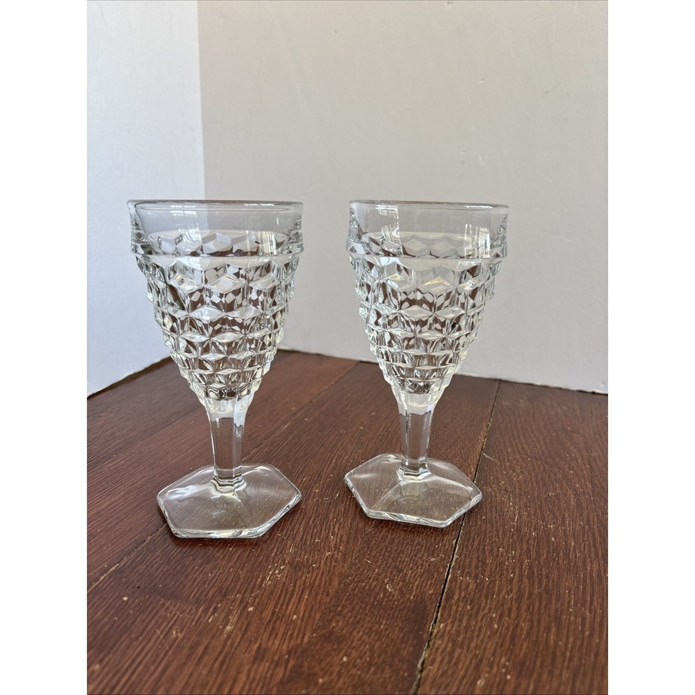 Set of 2 Fostoria American Clear 6 7/8" Hexagonal Foot Water Goblets, Exc. Cond!